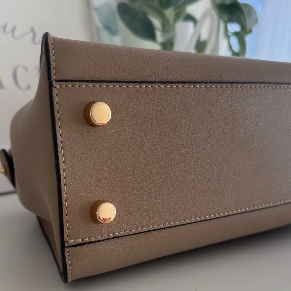 Taupe Structured Top-Handle Satchel with Gold Turn-Lock - Picture 9 of 16